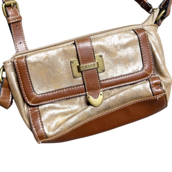 Chaps Metallic Gold Brown Faux Leather Zip Crossbody Bag Functional Stylish Bag - Picture 10 of 16